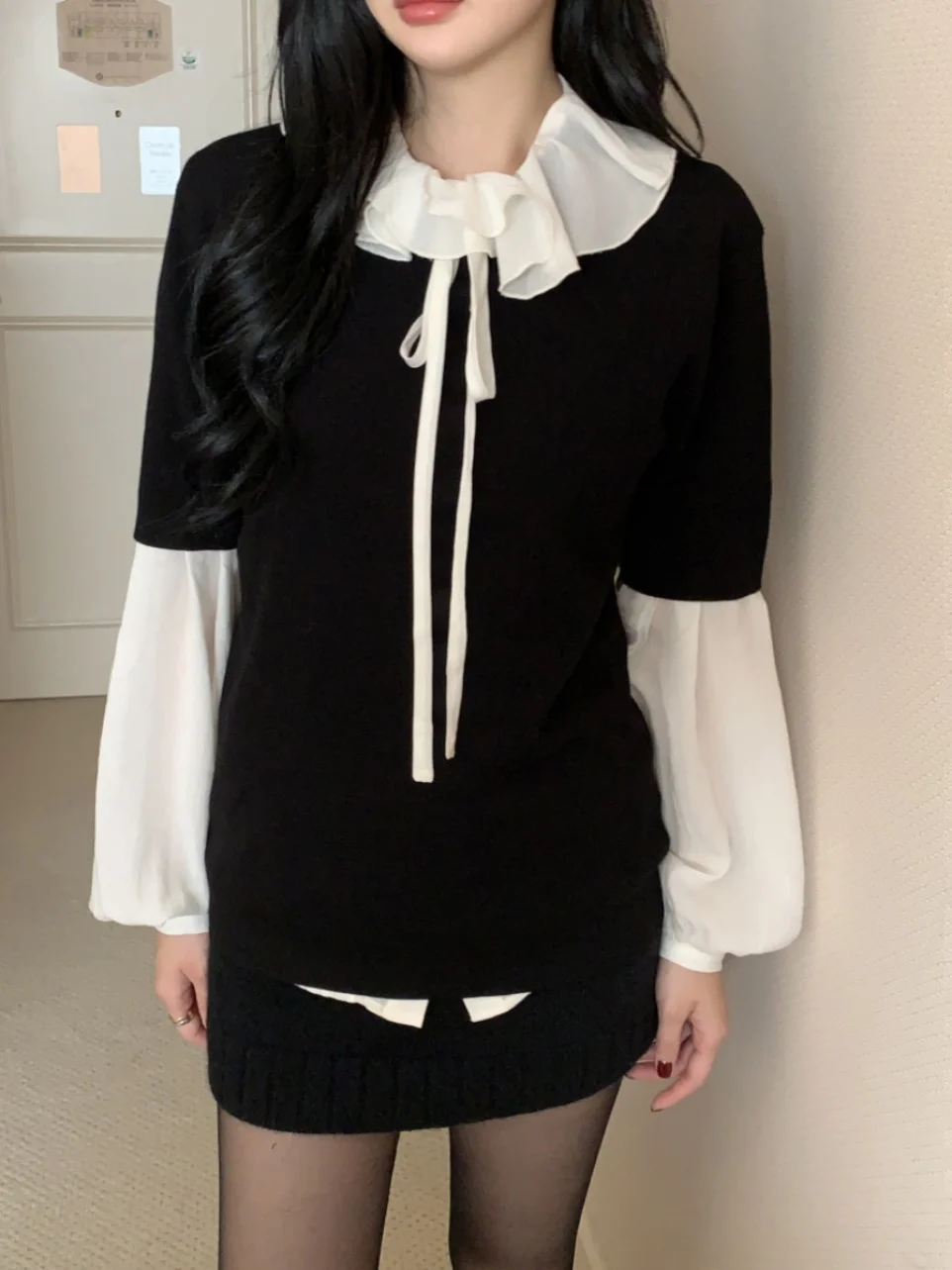 Women's Loose Straight Knitted irt ort Sve Gathered Hem Top Agel Versatile Cotton Blend Faionable Casual Wear