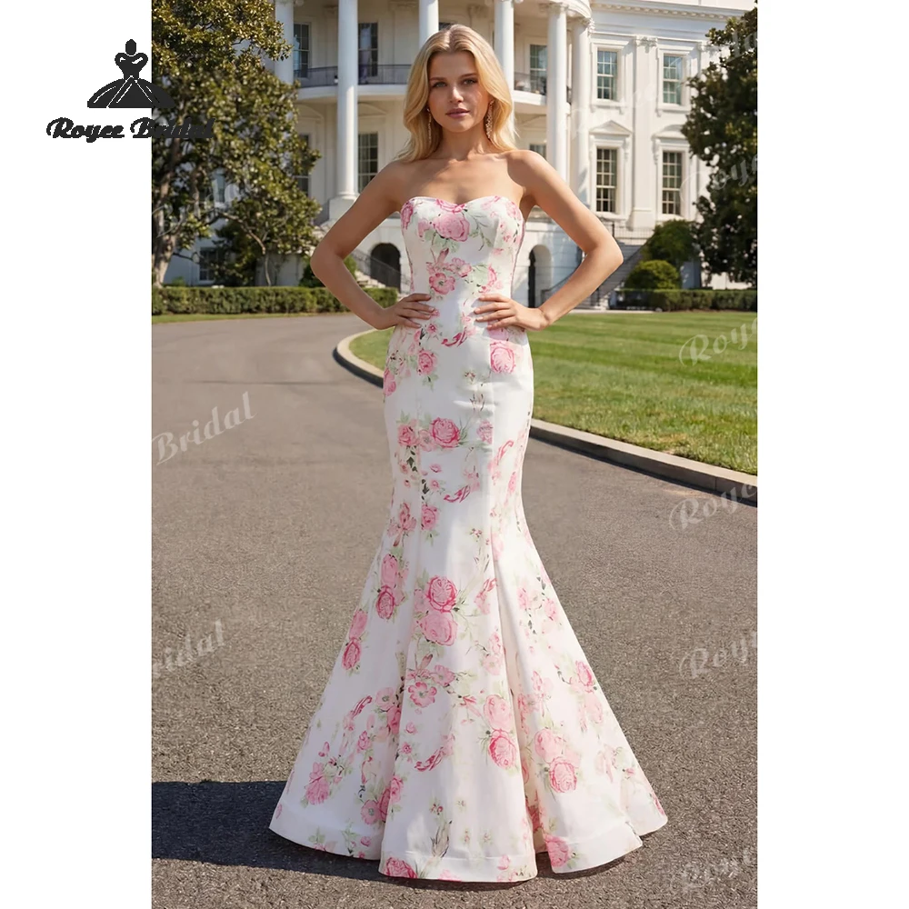 Blumenbedruckte Meerjungfrau-Abschlussballkleider 2027, trägerlose, formelle Abendkleider mit Schnürung, maßgeschneiderte elegante Festkleider