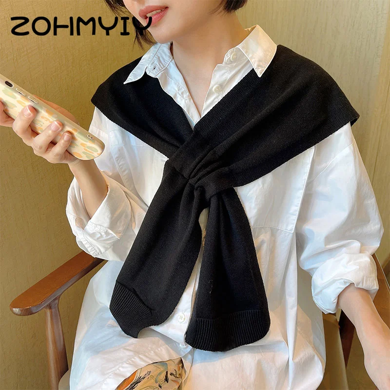 Korean Neck Guard Scarve Solid Color Woman's Knitted Cross Shawl Blouse Shoulders Fake Collar Cape Knotted Scarf