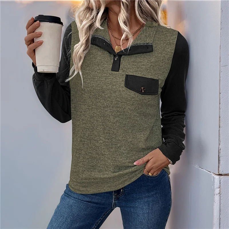

ASDS-Women's Casual Pullover Color Block Long Sleeve Button Lapel Collar Loose Patchwork Blouse Y2K Streetwear