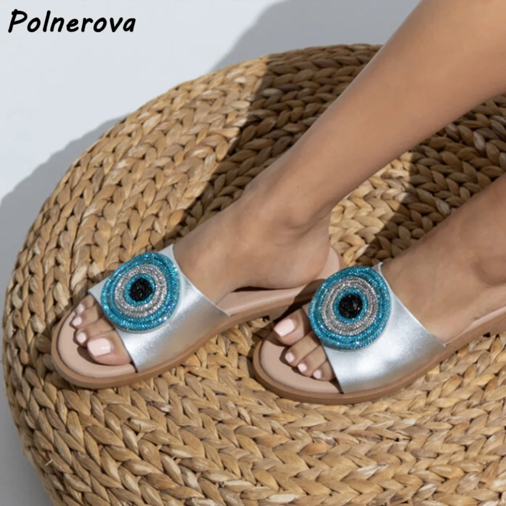 

Crystal Chain Circle Slippers Straight Strap Round Toe Black Flat Slip On Fashion Bling Shoes Women's Summer Fashion Slippers