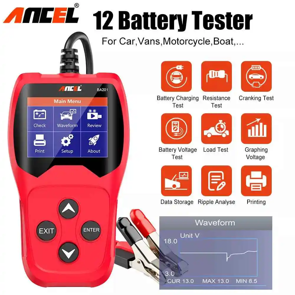 ANCEL BA201 Car Battery Tester 12V 100 to 2000CCA 12 Volts Battery Tools for The Car Quick Cranking Charging Diagnostic Tester