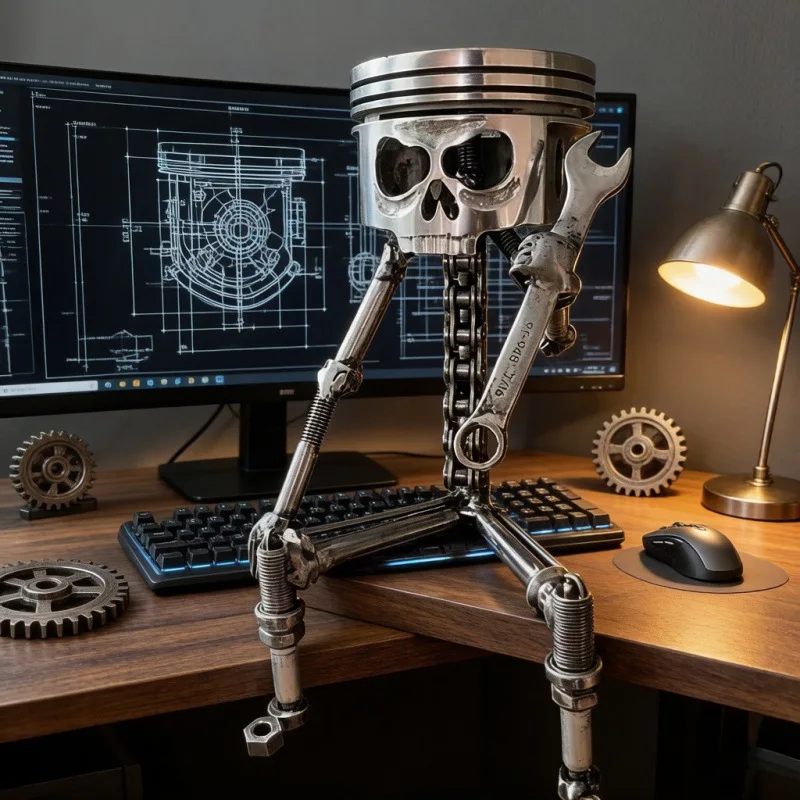 Carving Piston Skull Head Sculpture Retro Mechanical Punk Resin Figurine Creative Funny Home Office Desktop Art Decor Ornaments