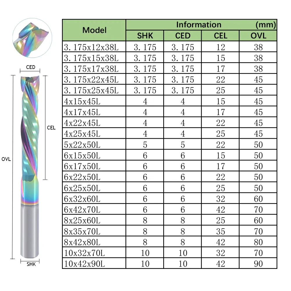 Biaonu 1pc 3.175/4/6mm Carbide CNC Router Milling Tools Cutter Up Down Cut DLC Coated 2 Flutes Spiral Compression Wood End Mill