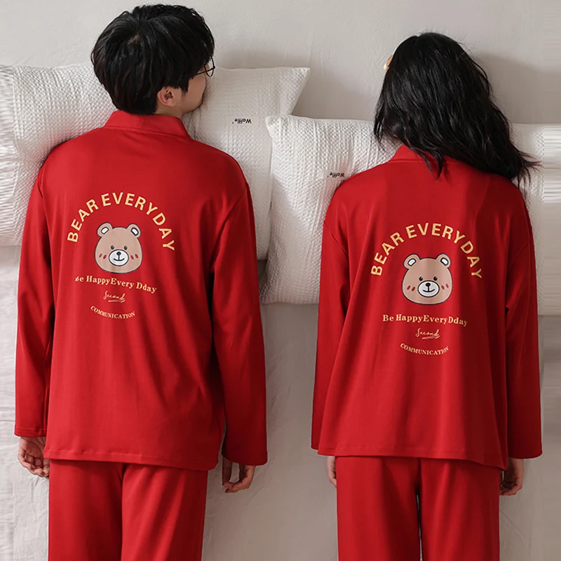 Red couple pajama set all cotton cardigan V-neck cute cartoon letter print on the back men and women\'s spring and autumn pajamas