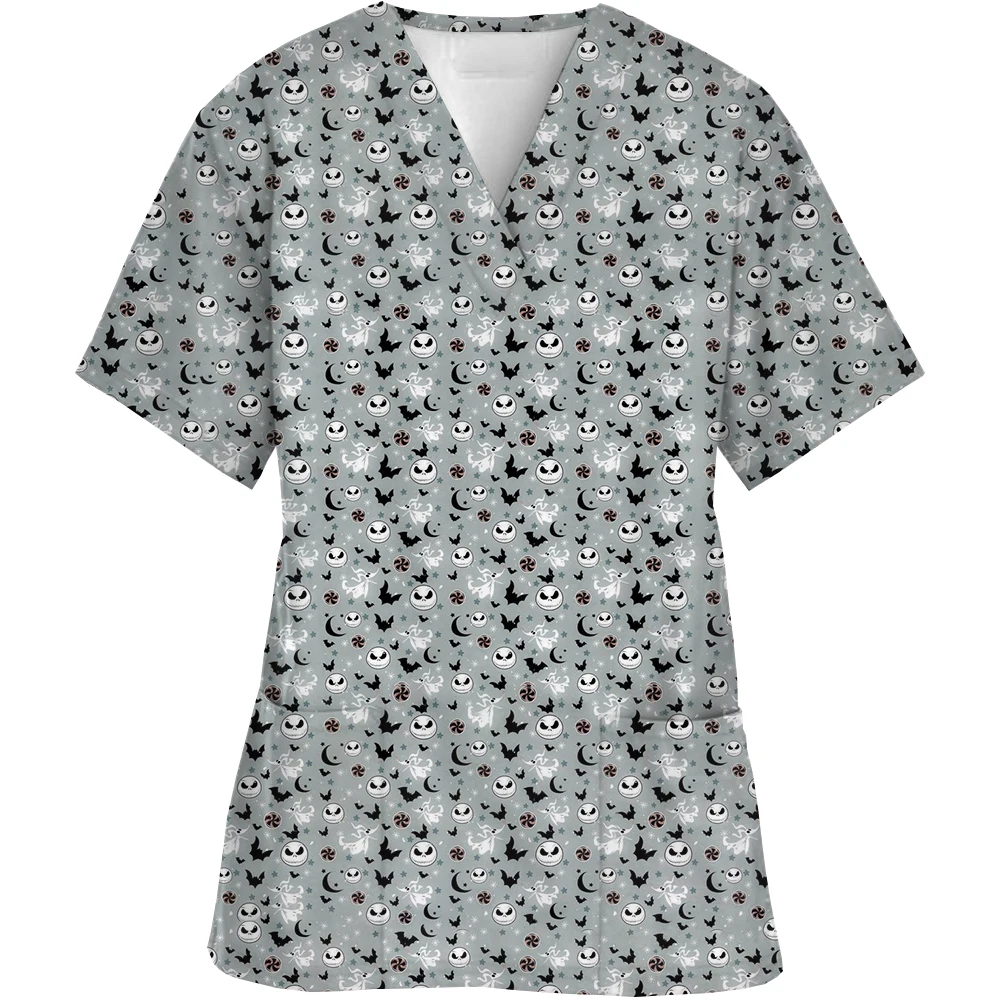 V-neck workwear, hospital uniform, Halloween surgery, The Nightmare of Christmas printed nurse medical uniform, frosted top for