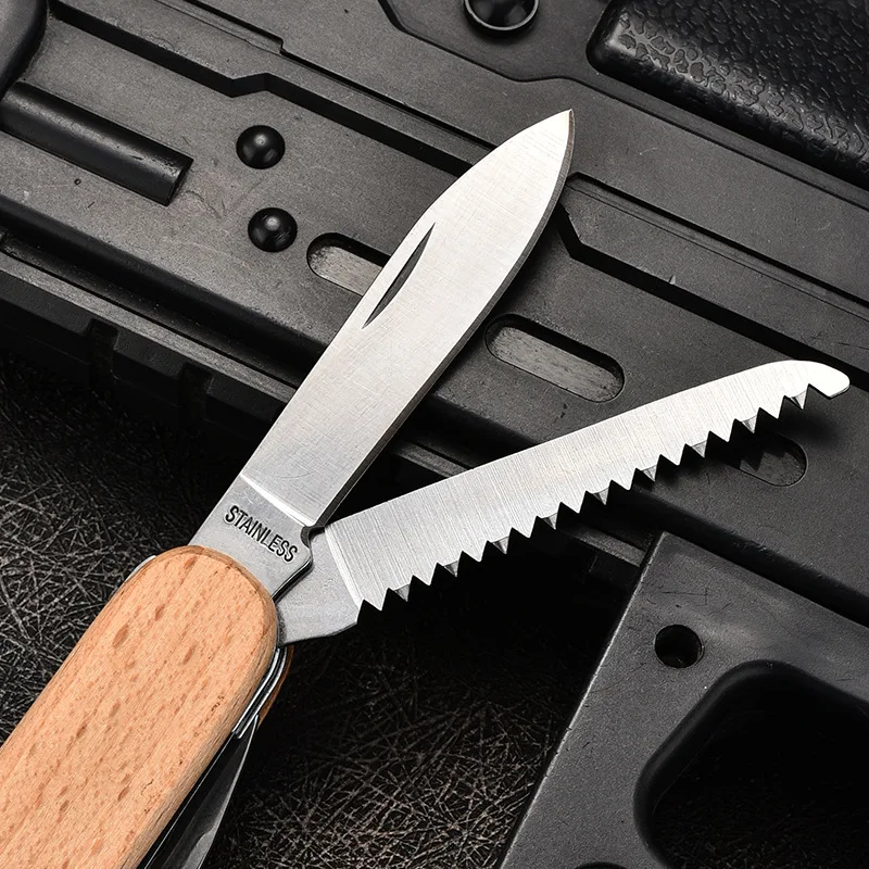 Multifunctional Swiss Army Knife, Outdoor Multi-Purpose Wooden Handle Pocket Knife, Creative Souvenir, Small Folding Knife view 3