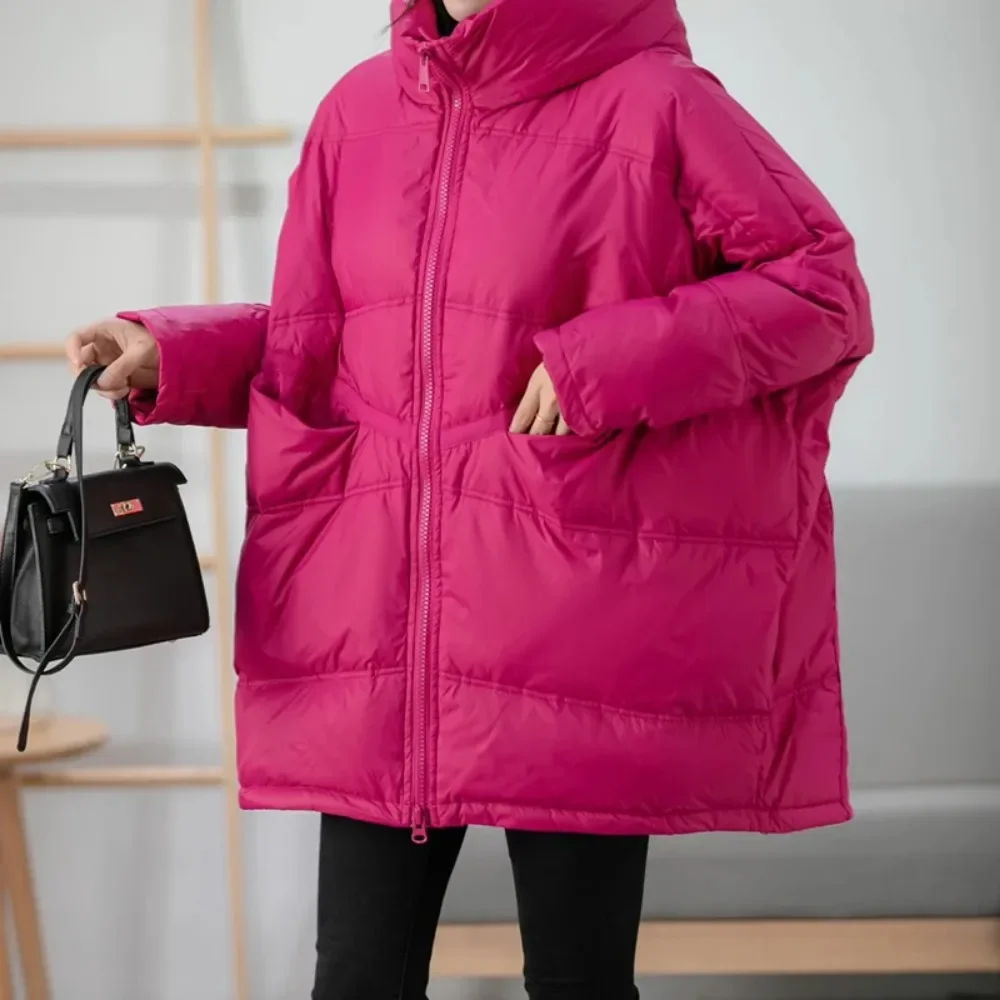 White Duck Down Loose Jacket with Hood Female Thick Warm Outwear Casual Over Size Patchwork Coats 2024 New Winter Women