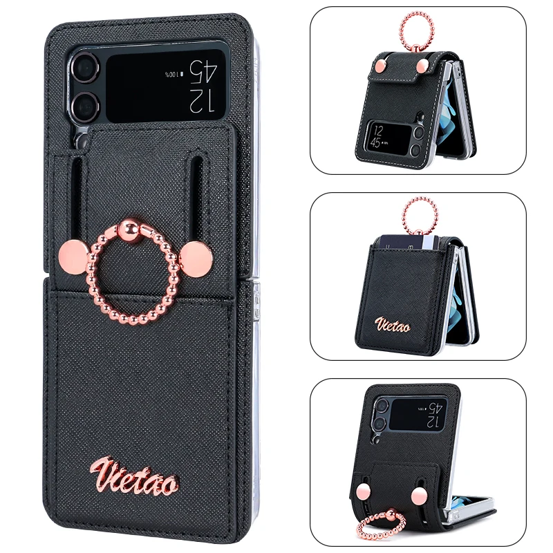 VIETAO Z Flip 3 Casing Ponsel dengan Tempat Cincin Jari, Penutup Ponsel Kulit PU untuk Galaxy Z Flip 3 dengan Slot Kartu, Emas Mawar