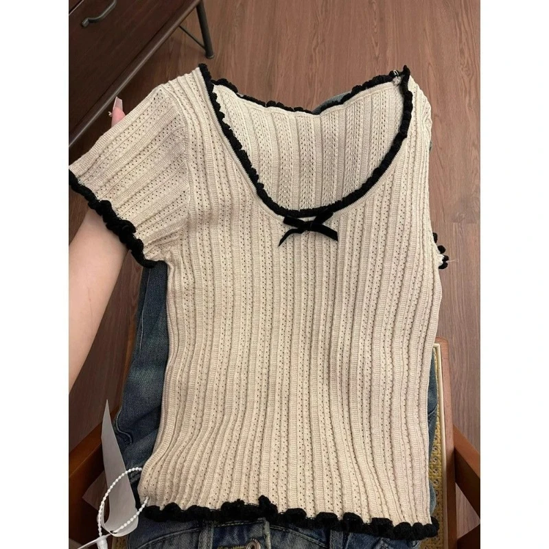 

Deeptown Korean Style Sweet T-shirts Women Elegant Bow Knitted Short Sleeves Tees Kawaii Shoujo Girl Aesthetic Crop Tops Slim Up