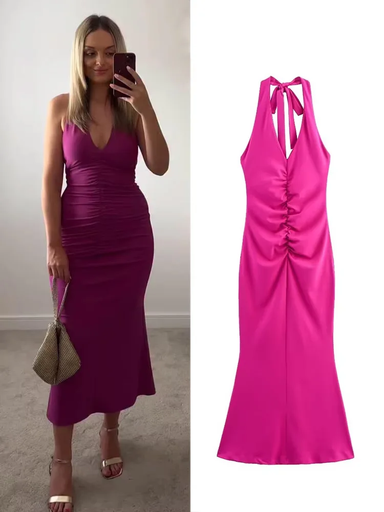 

HH Women's Fashion Vintage Solid Halter Neck Lace Up Dress Female Evening Party Sexy Backless Pleated Decorative Long Dress