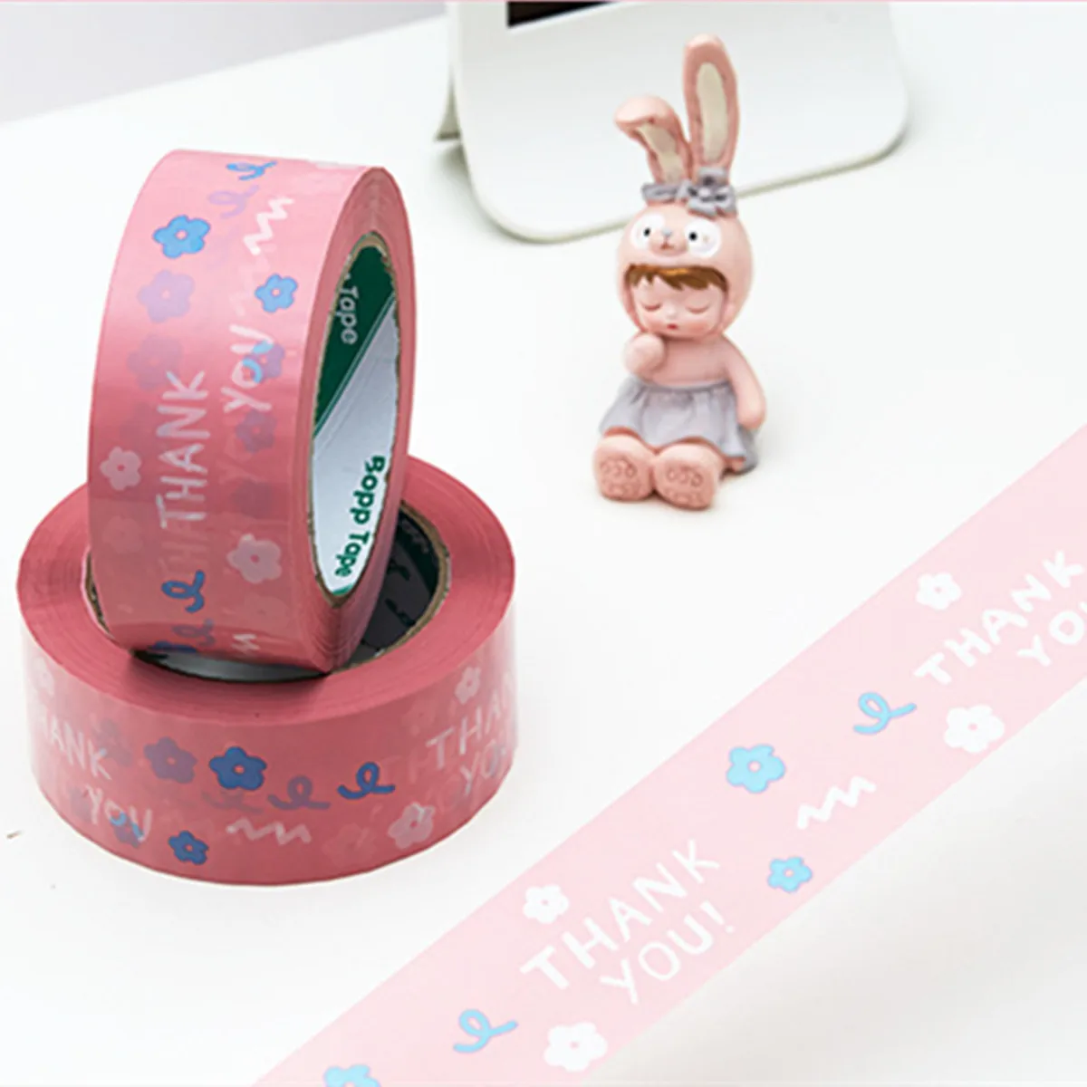 1Roll 4.5cm*100m Pink Flower Thank You Tape, Thank You Thanks Cartoon Sealing Adhesive Paper, Self-adhesive Gift Bag Carton Packing Tape