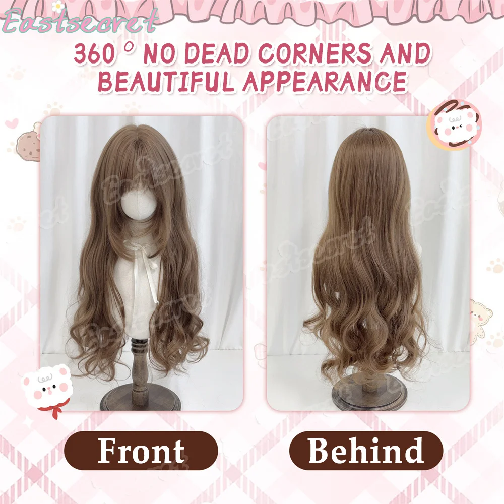 EAST Popular Cool Brown Long Deep Wave Hair Lolita Wigs With Bangs Synthetic Wig For Women Fashion Thick Curls Wigs Girl