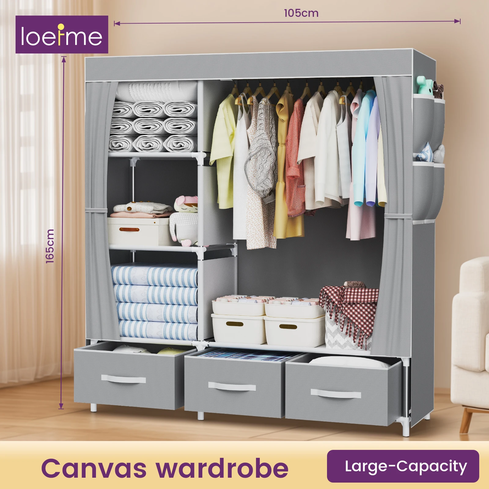 Canvas Wardrobe, Pop up Fabric Wardrobes with hanging areas, 3 stacking compartments,4 Side Bag, storage underneath,for Bedroom