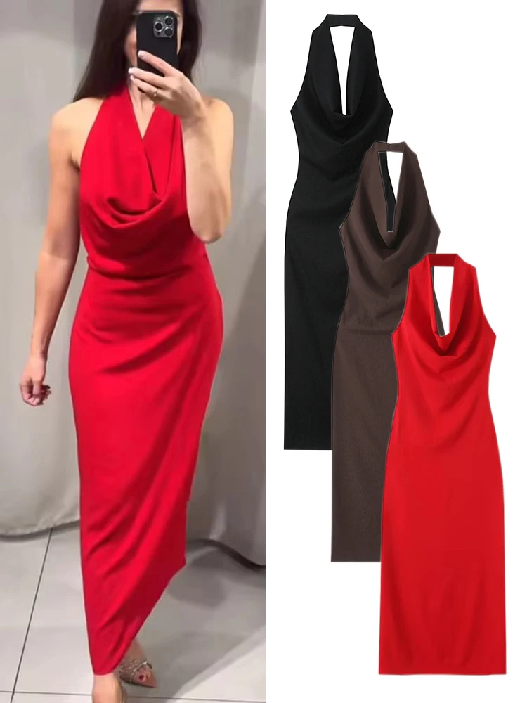 TRAF Elegant Women Red Halter Dress 2024 Sexy Female Backless Sleevless Slim Evening Party Dress Fashion Chic Back Split Dress