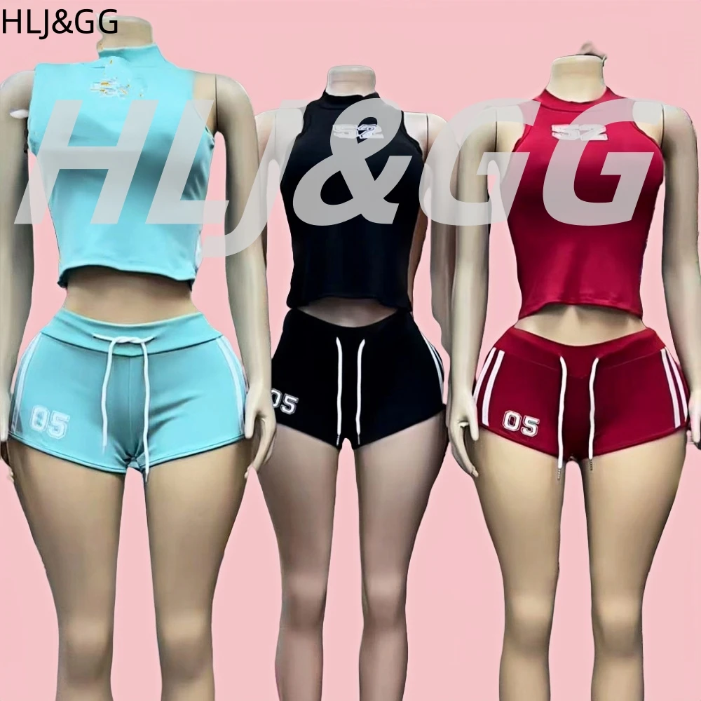 

HLJ&GG Американская горячая девушка Y2K Комплекты из двух предметов с буквенным принтом Женский тонкий укороченный топ без рукавов с круглым вырезом и шорты на шнурке Одежда