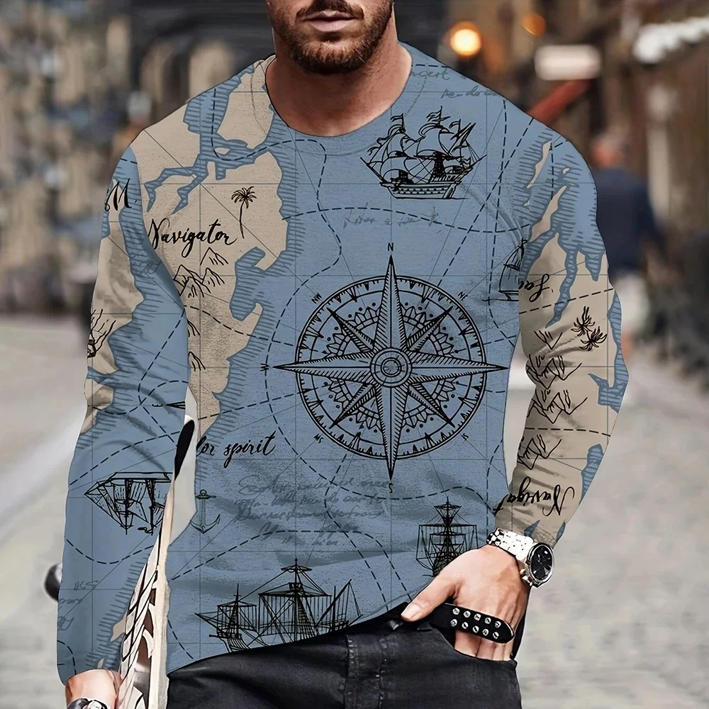 2026 new autumn and winter retro 3D printed aphic men's long sleevedT-shirt autumn fashion long sleeved men's neutral streetwear