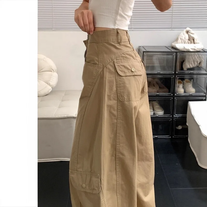 Retro Solid Color High Waist Loose Wide Leg Pants Women Spring Autumn  Multiple Pockets Straight Workwear Women Slim Trousers