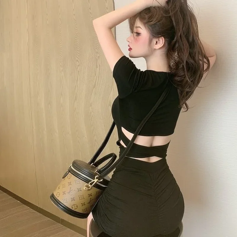 Dresses for Women Mini Clothes Shirt Woman Dress Short Bodycon Tight Sensual Sexy Tshirts Black New Features of X Outfits E509