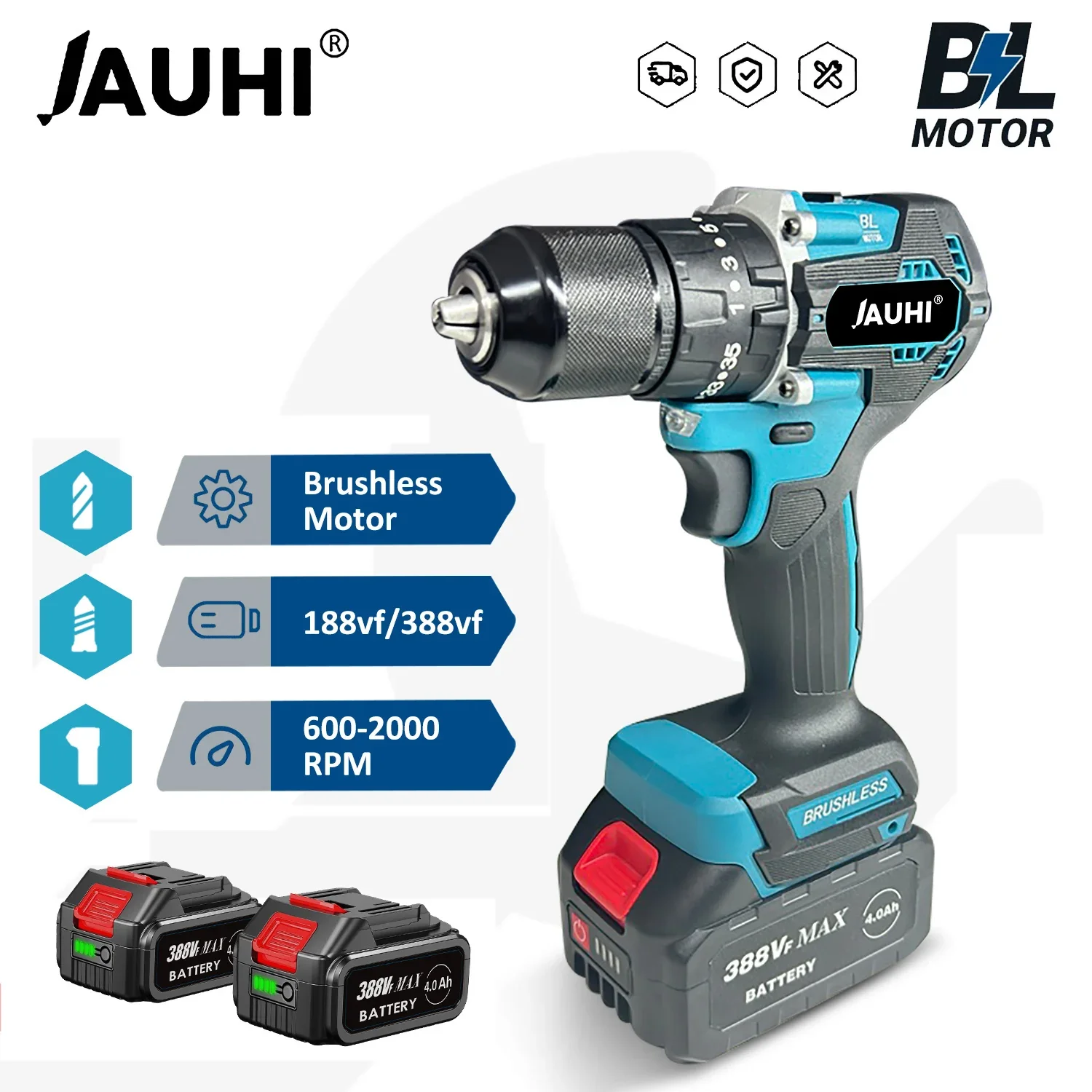 

JAUHI 13mm Brushless Electric Impact Drill Wireless Screwdriver Hammer Cordless 35+3 Torque Power Tools for Makita Battery