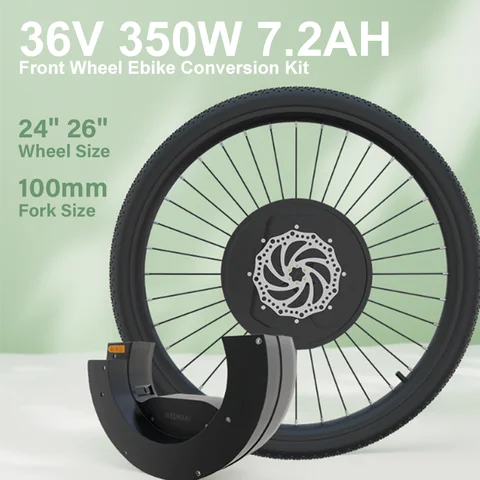 Kit de conversión de bicicleta eléctrica de 36V y 350W con batería, motor delantero de bicicleta eléctrica de 24 pulgadas y 26 pulgadas, velocidad máxima de 35 KM/H, Kit de bicicleta eléctrica con freno de disco en V