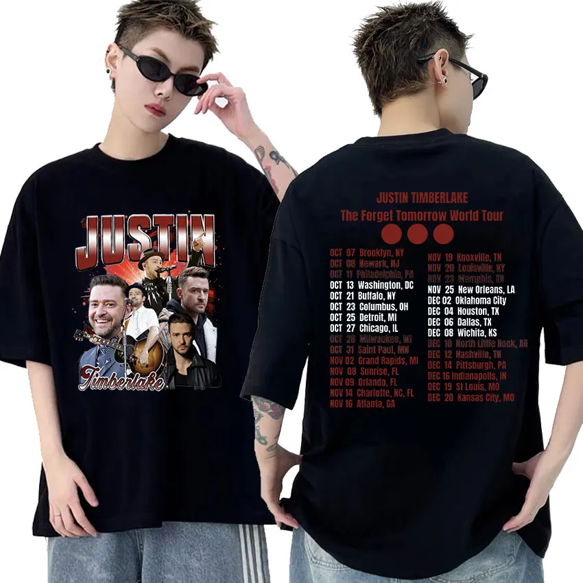 

Singer Justin Timberlake Forget Tomorrow 2024 World Tour Graphic T Shirt Men's Hip Hop Retro Oversized Cotton T-shirt Streetwear