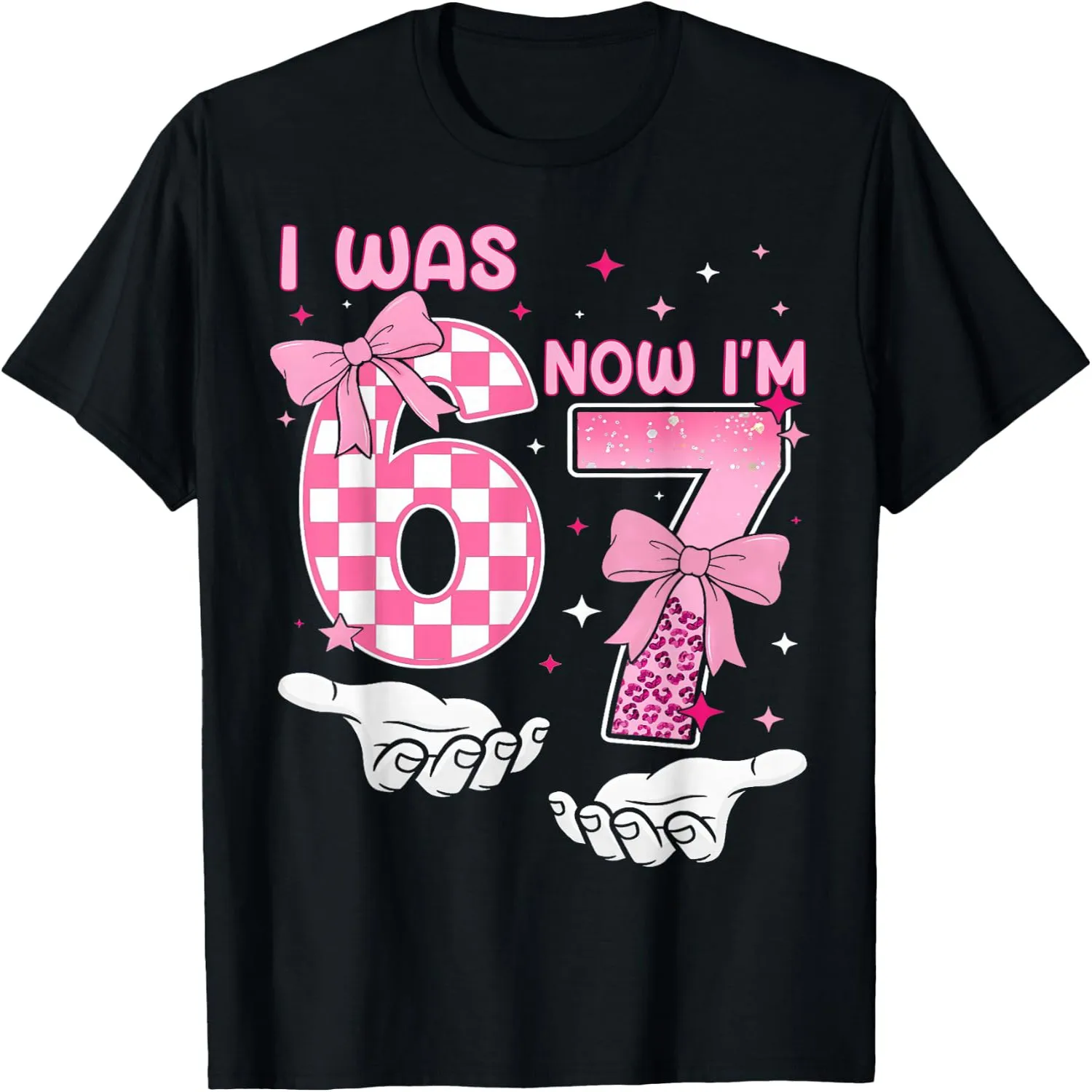 I Was 6 Now I'm 7 Pink Bow Checkered Leopard Girls 7th Birthday T-Shirt