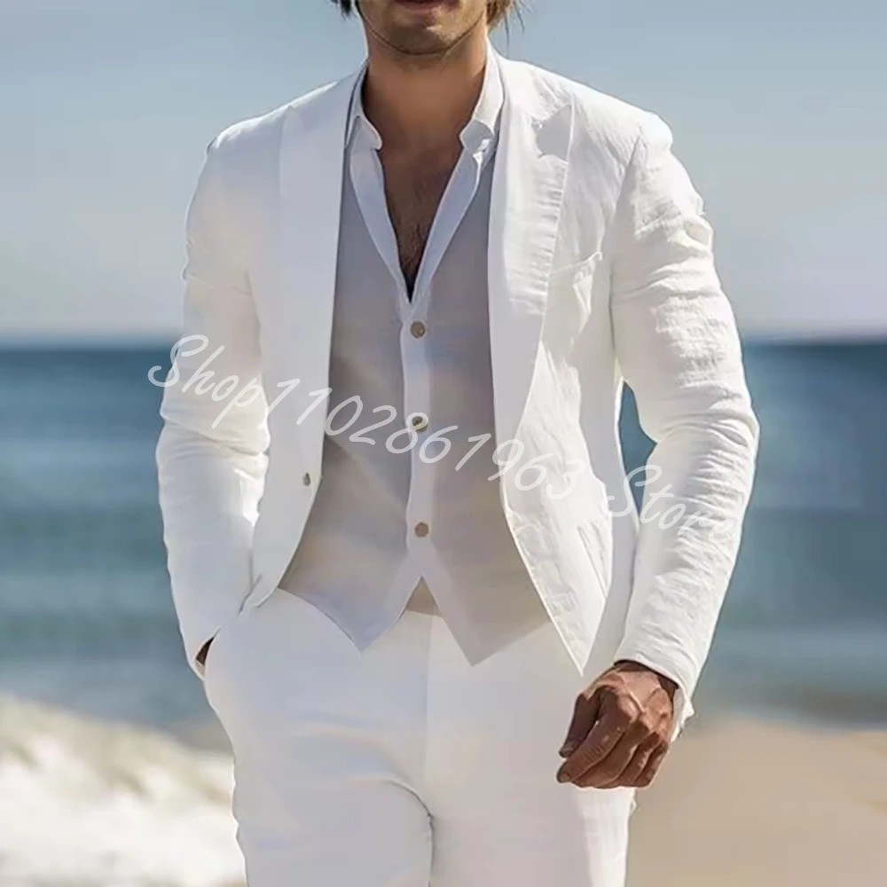 

White Linen Men's Suit 2 Piece Set Slim Fit Jacket Pants Business Suit for Men Elegant Beach Wedding Prom Tuxedo Costume Homme