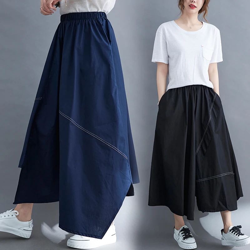 

Повседневная асимметричная юбка макси свободного кроя для полных женщин, хлопок, художественный дизайн, для работы и отдыха