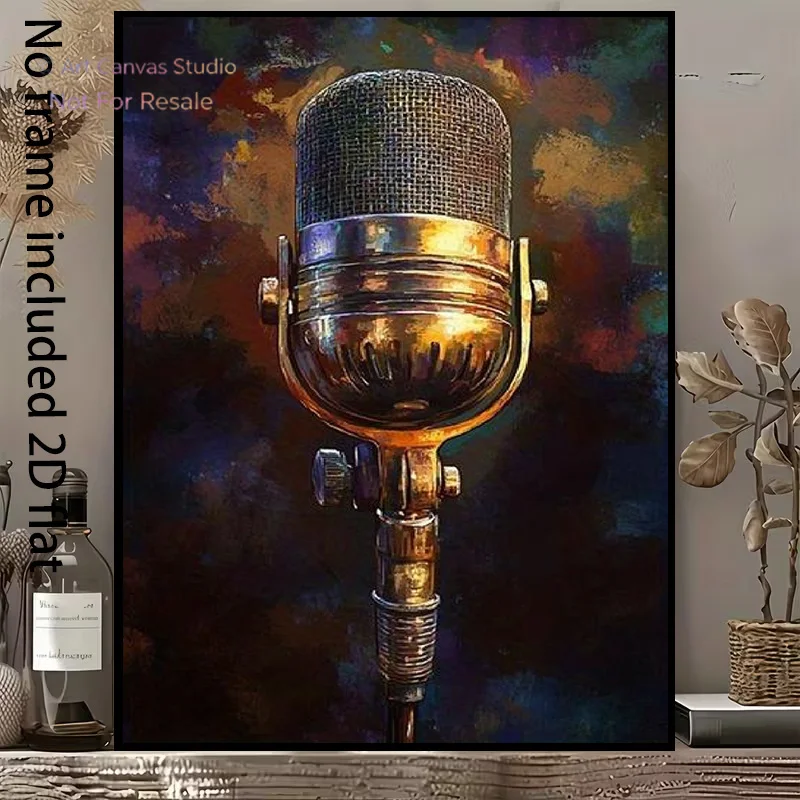 2D Flat, [2D Flat] 1pc Decorative Canvas Painting, Vintage Golden Microphone Canvas Art, Colorful Background Artistic Style D