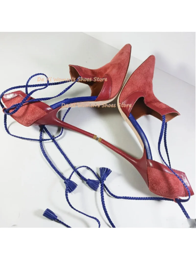 Blue And Red Color Blocking Pointed High Heel Pointed Stilettos Ankle Lace Dinner Shoe Shallow Manual Luxurious Women's Shoes view 4