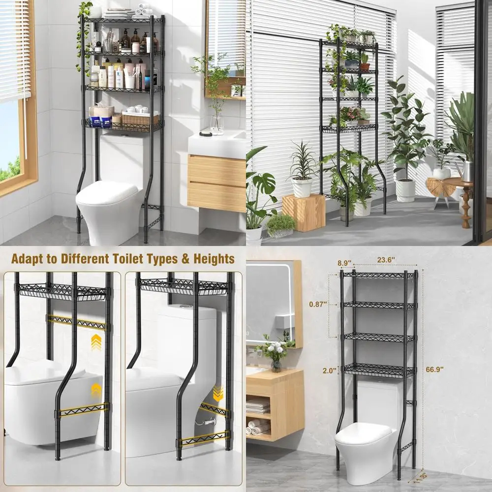 

Over-the-Toilet Storage Rack, Adjustable Shelf & Basket, Space-Saving Bathroom Organizer (Black)