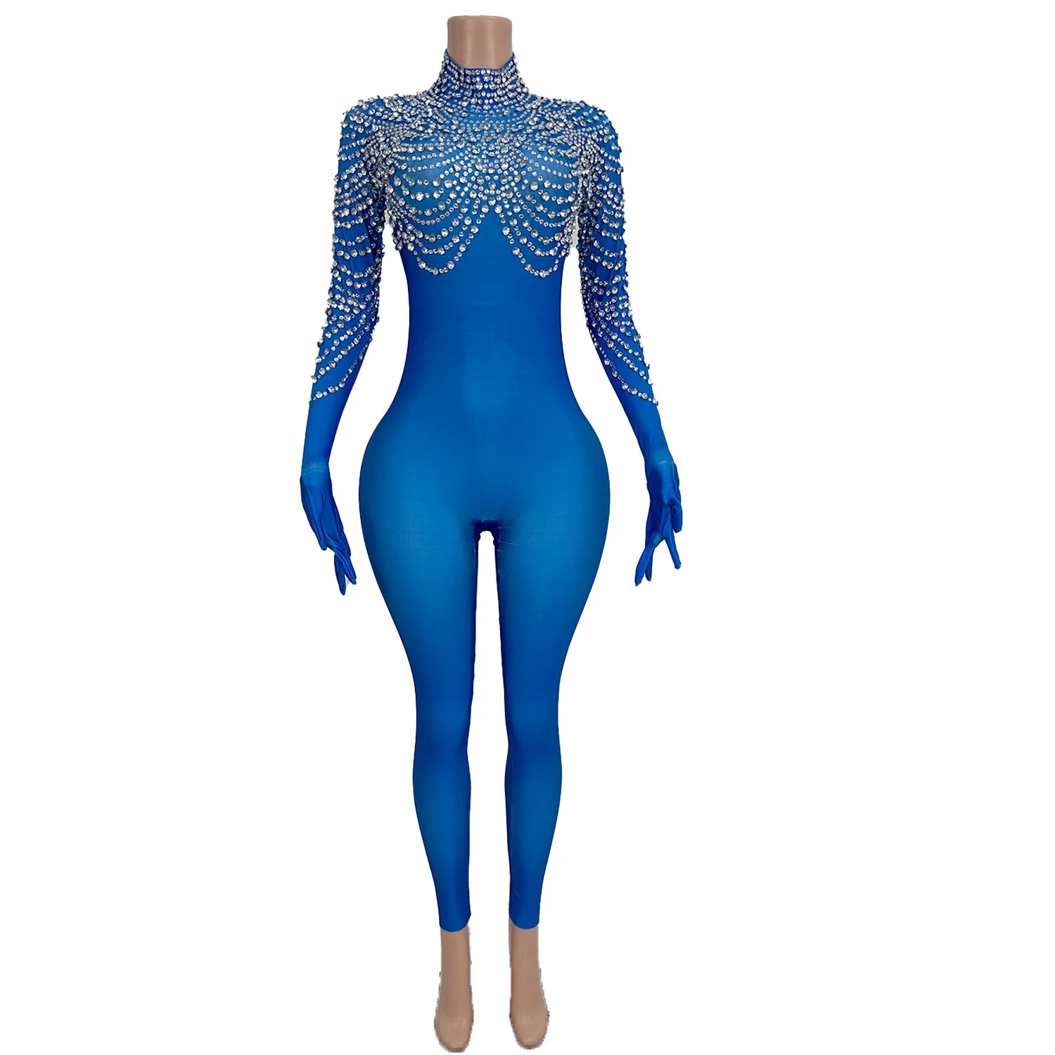 Women Long Sleeved Jumpsuit Blue Rhinestone Street Sports Style Tight Pants Gymnastics Acrobatics Performance Clothes Pijian