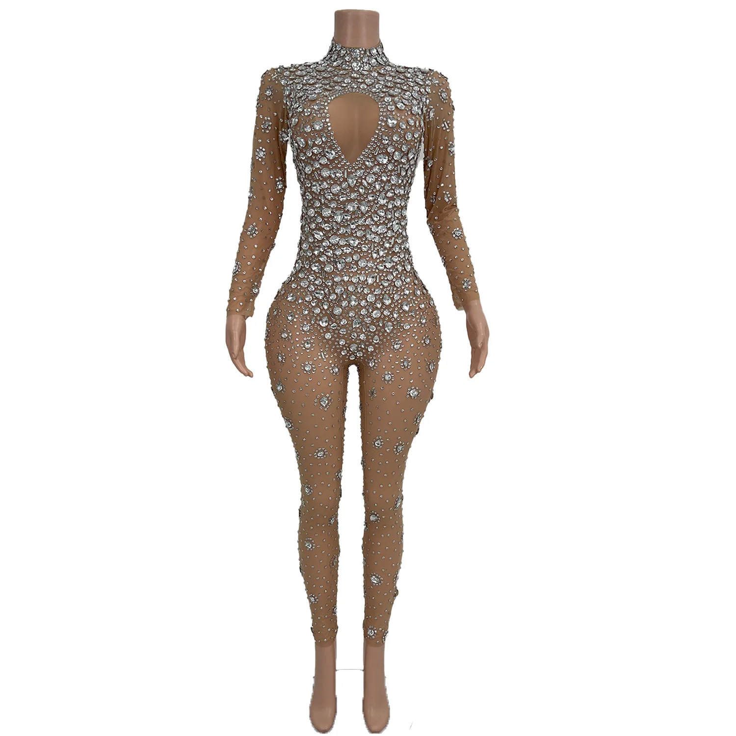 Cuican sexy strass mesh doorzichtige jumpsuit prestatie kostuum vrouwen bodycon club verjaardagsfeestje bodysuit dans podiumkleding