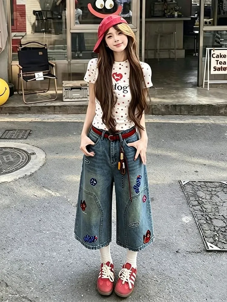 

American Retro Dog Patchwork Jeans High Waist Wide Leg Pants Loose Fit Summer Casual Shorts for Women Wear Resistant