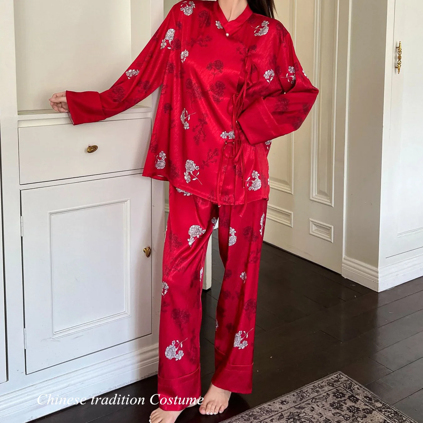 Red Chinese Style Pajamas Set Long Sleeve Homewear Satin Jacquard Nightwear Loose Top&pants 2Pcs Pijamas Women Sleepwear