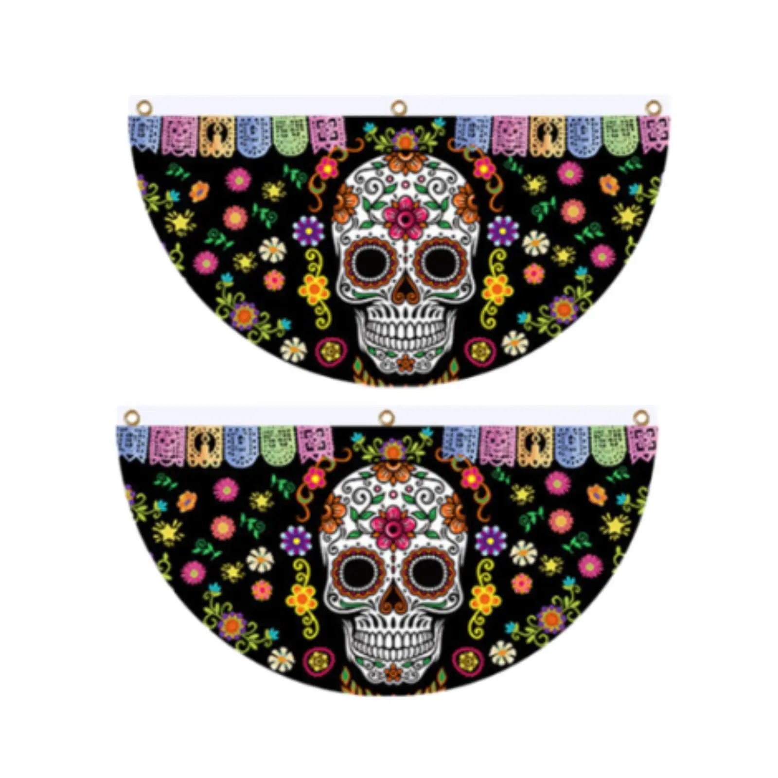 2Pcs Halloween Skull Fan Flag Mexican Day of The Dead Bunting Flag Halloween Decor for Store House Indoor Outdoor Yard Carnival