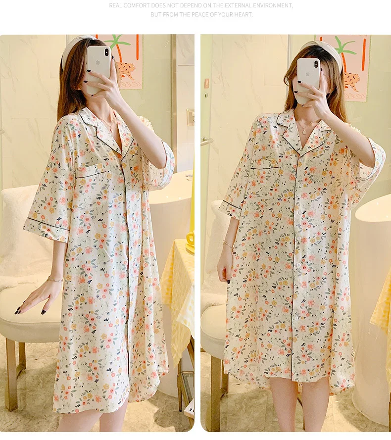 Plus Size Sleeping Dress Cotton Floral Printing Night Gown Three Quarter Sleeves Sleepshirt Loose Nightwear Summer Home Clothing