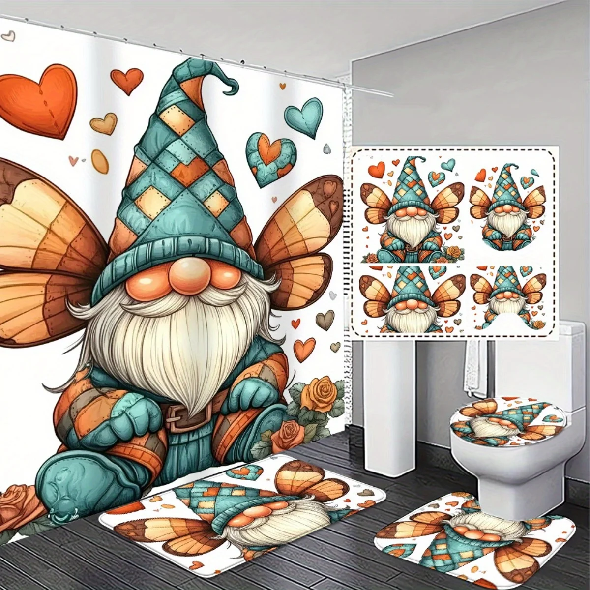 

4pcs. Cute Dwarf Elves Efficient and Elegant Gnome Themed Bathroom Set - High Quality Shower Curtain 71x71 and Non-Slip Bath