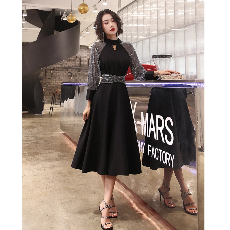 It's Yiiya Black Evening Gown High Collar Sequined Plus Size Evening Dresses for Women Long Sleeve Cut-out Evening Dresses K323