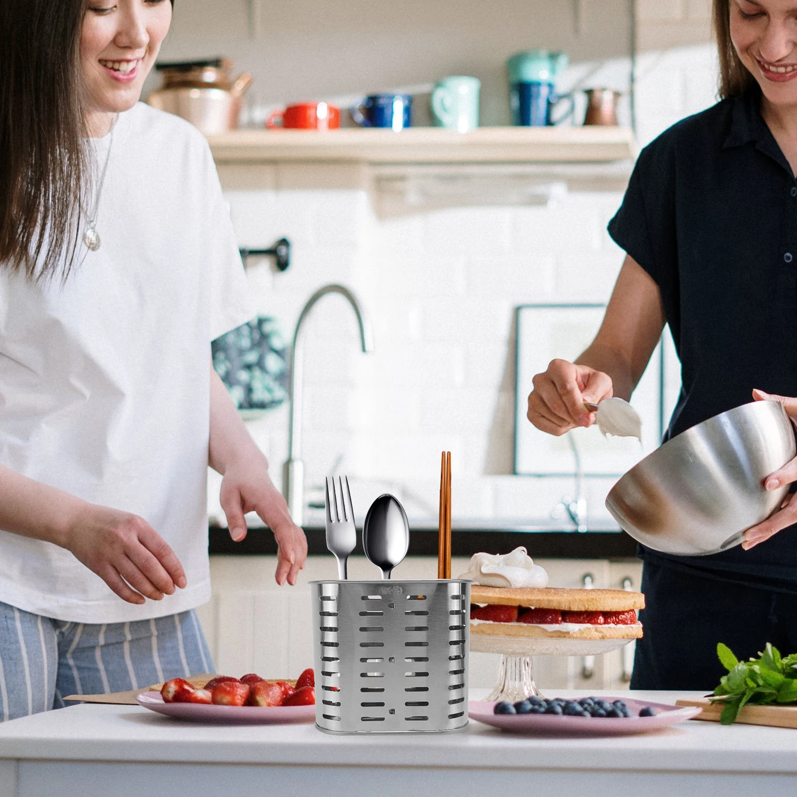 

Stainless Steel Chopstick Holder 2 Divided Compartments Drainer Kitchen Utensils ganizer Sink Basket Perforated Holes