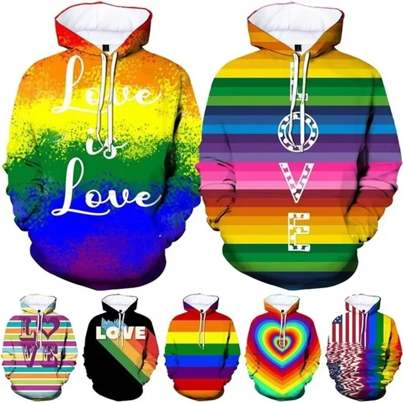 Sweats à capuche graphiques à motif arc-en-ciel College en 3D pour hommes, pulls d'amour colorés, sweat à capuche hip-hop décontracté, PVD, Y-Streetwear