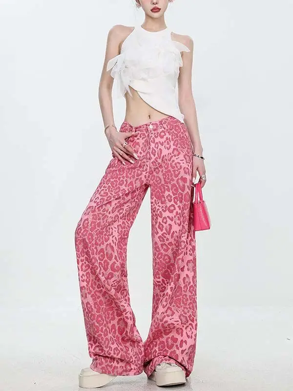 

new dopamine jeans women's retro Hong Kong style leopard print wide-leg pants high waist and thin personalized trousers