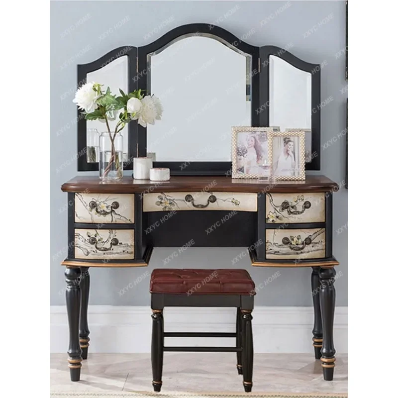 

New Chinese Style Painted Dressing Table American Retro Makeup Table Multi-Functional Solid Wood Jewelry with Mirror Dresser