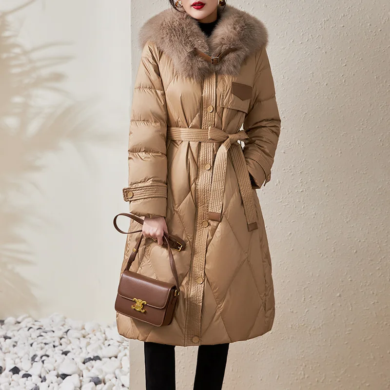 Luxury White Duck Down Coat Women 2025 Fashion Thick Waist Slim Warm Knee Length Jacket with Fox Fur Collar