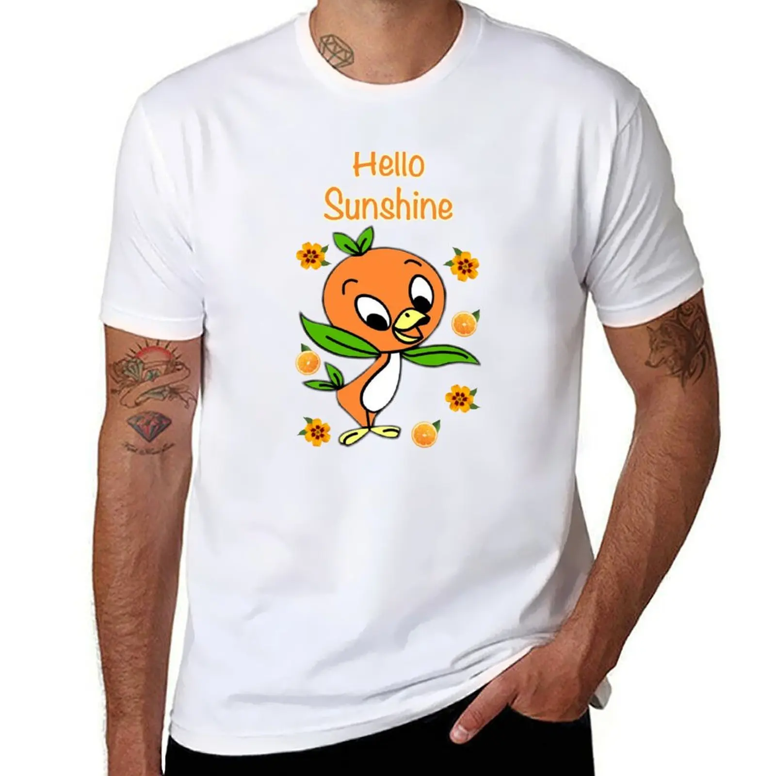 

Hello Sunshine Orange Bird with Flowers T-Shirt essential t shirt t shirt custom print cotton t shirt pack T-shirt