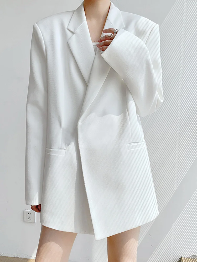 EAM-Chaqueta larga de talla grande para mujer, Blazer holgado de manga larga con solapa, color blanco, a la moda, para primavera y otoño, 2024, 1DE9383