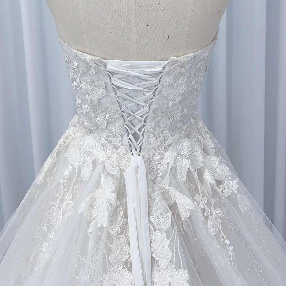 Simple Strapless Wedding Dresses A-line Backless Long Evening Gowns White Lace Brushstroke Trailing Dresses vestidos de novia
