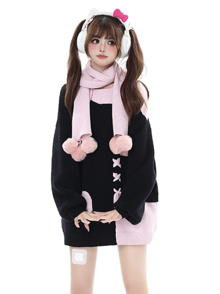 Sweater Gotik wanita perban asimetris manis Patch kerja Panelled Chic gaya Jepang Hipster O-neck Slouchy minoritas bergaya