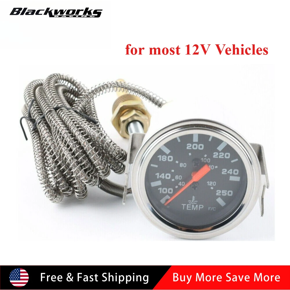 

2 ''52 мм хромированный указатель температуры воды, механический датчик температуры с черной поверхностью ℃ / ℉ Подходит для большинства автомобилей 12 В.